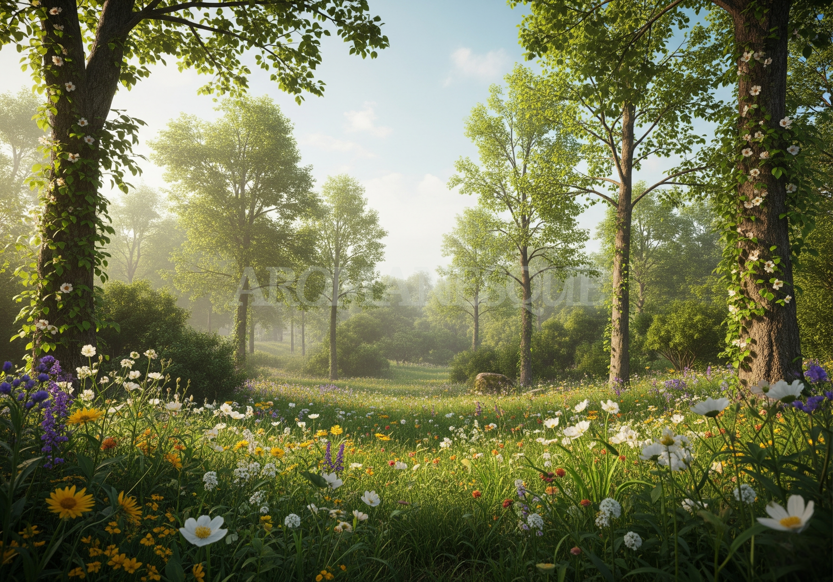 Aromanesque - Lush green forest with sunlight filtering through the trees and a field of flowers in the foreground.