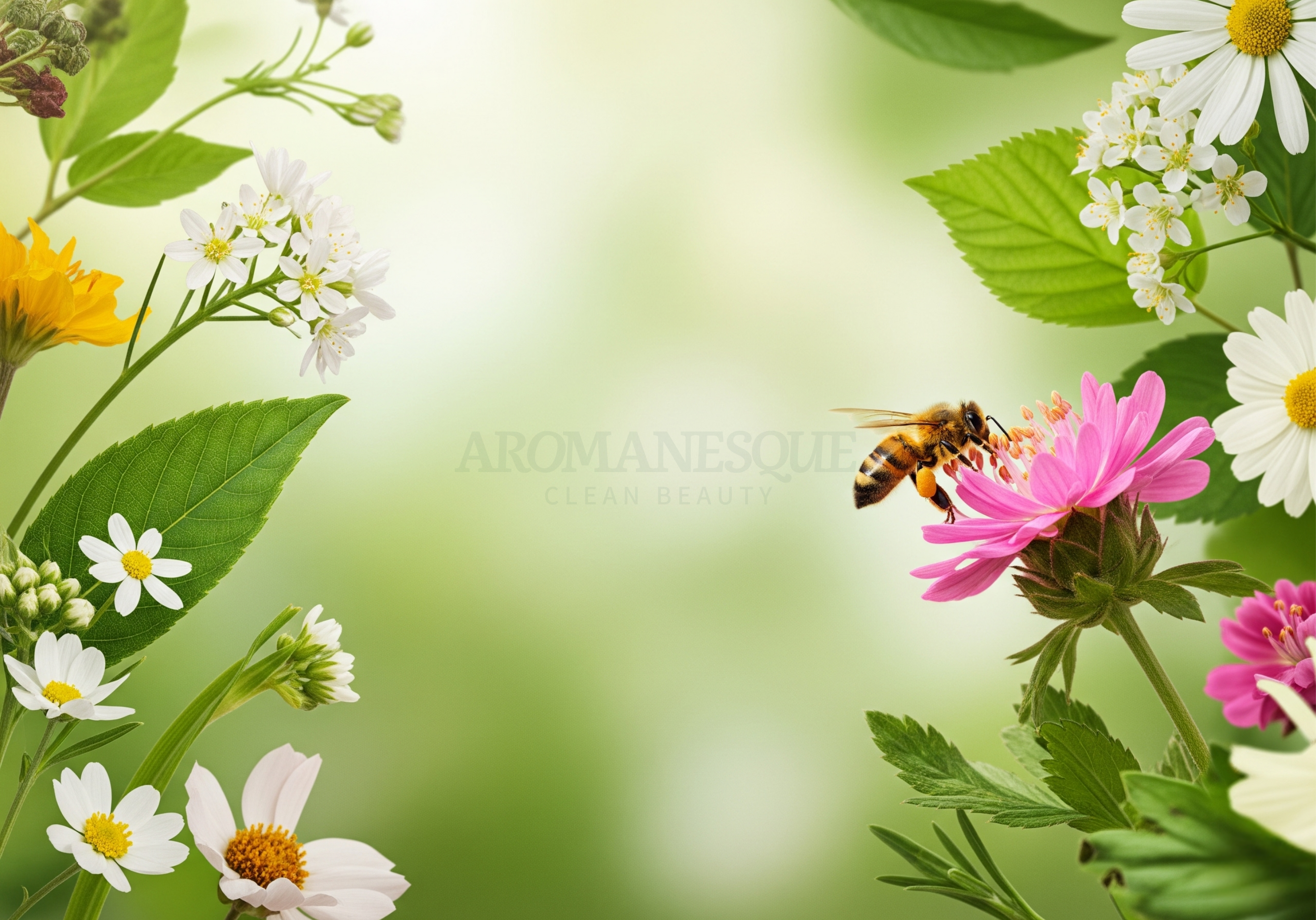 Floral background with a bee on a pink flower, featuring the brand Aromanesque.