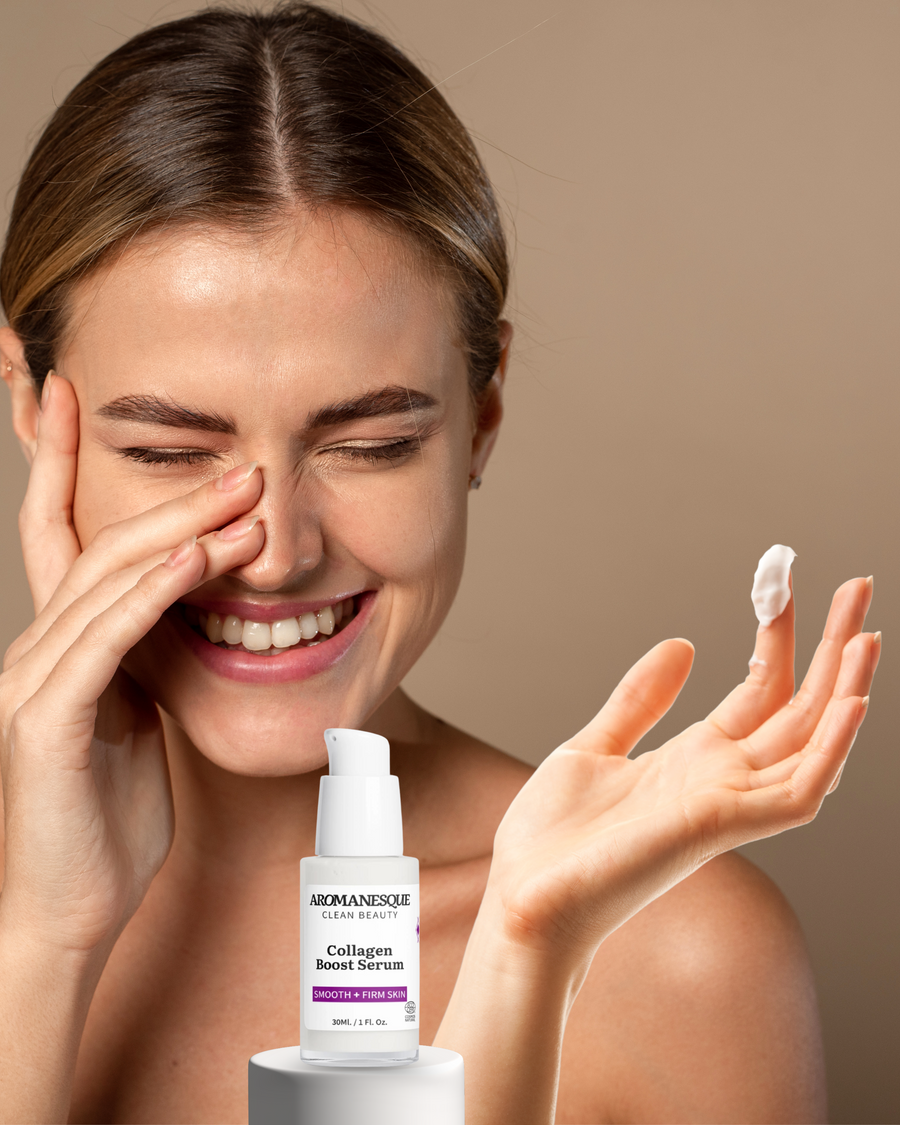 Woman applying skincare product with Aromanesque Collagen Peptide Serum on a beige background