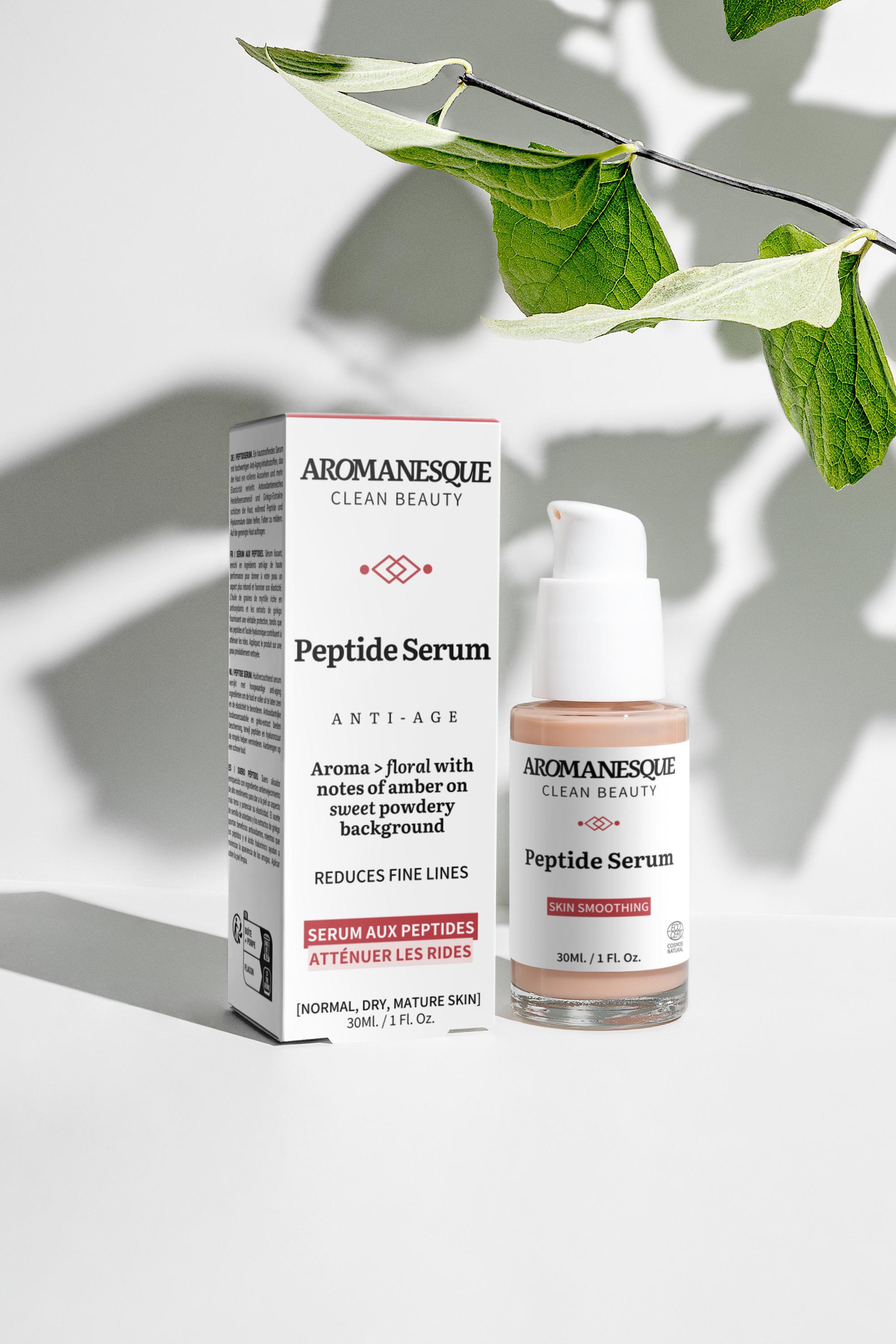 Aromanesque Peptide Serum packaging with a bottle on a light background