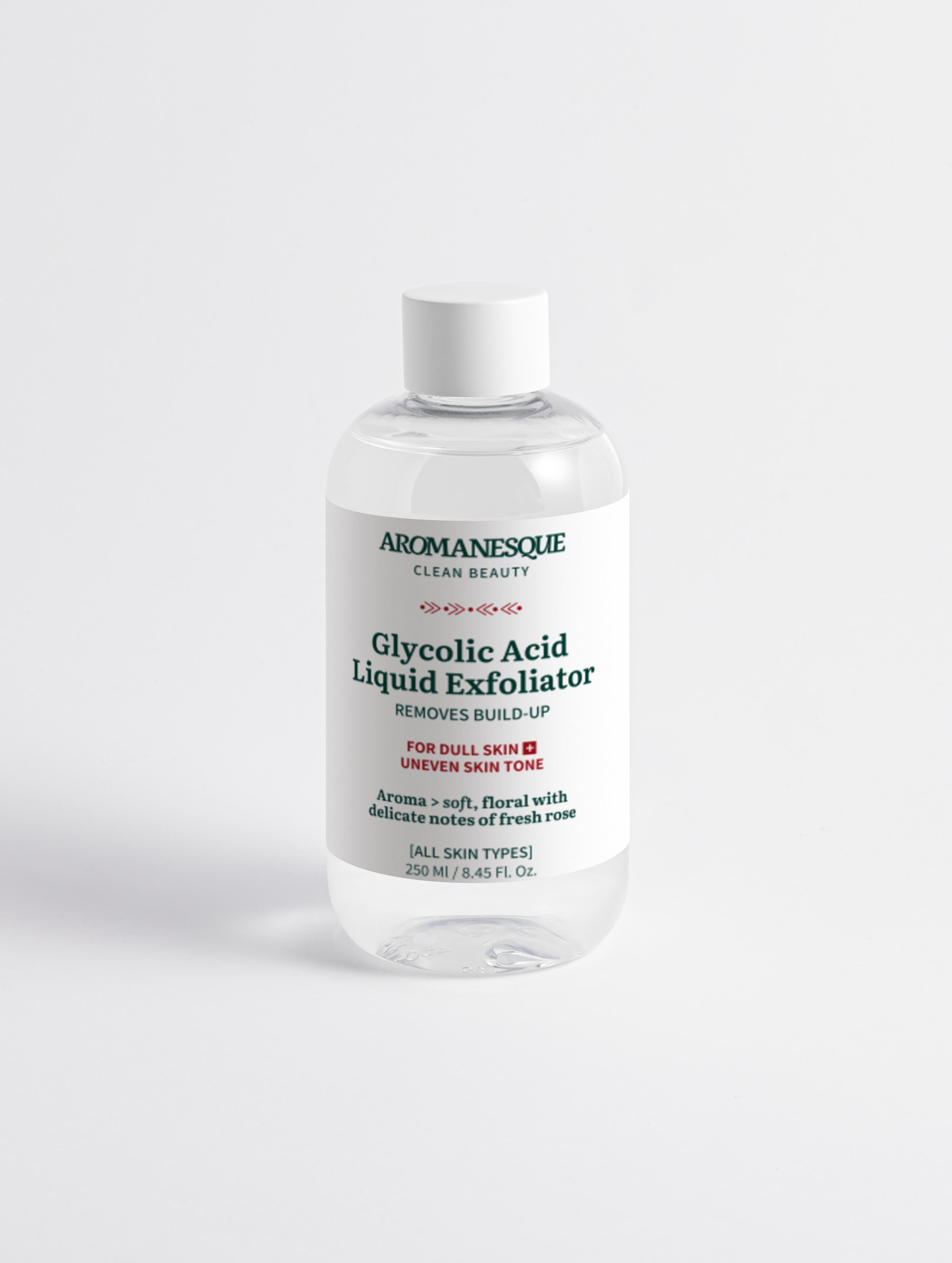 A bottle of Aromanesque Glycolic Acid Liquid Exfoliator against a white background.
