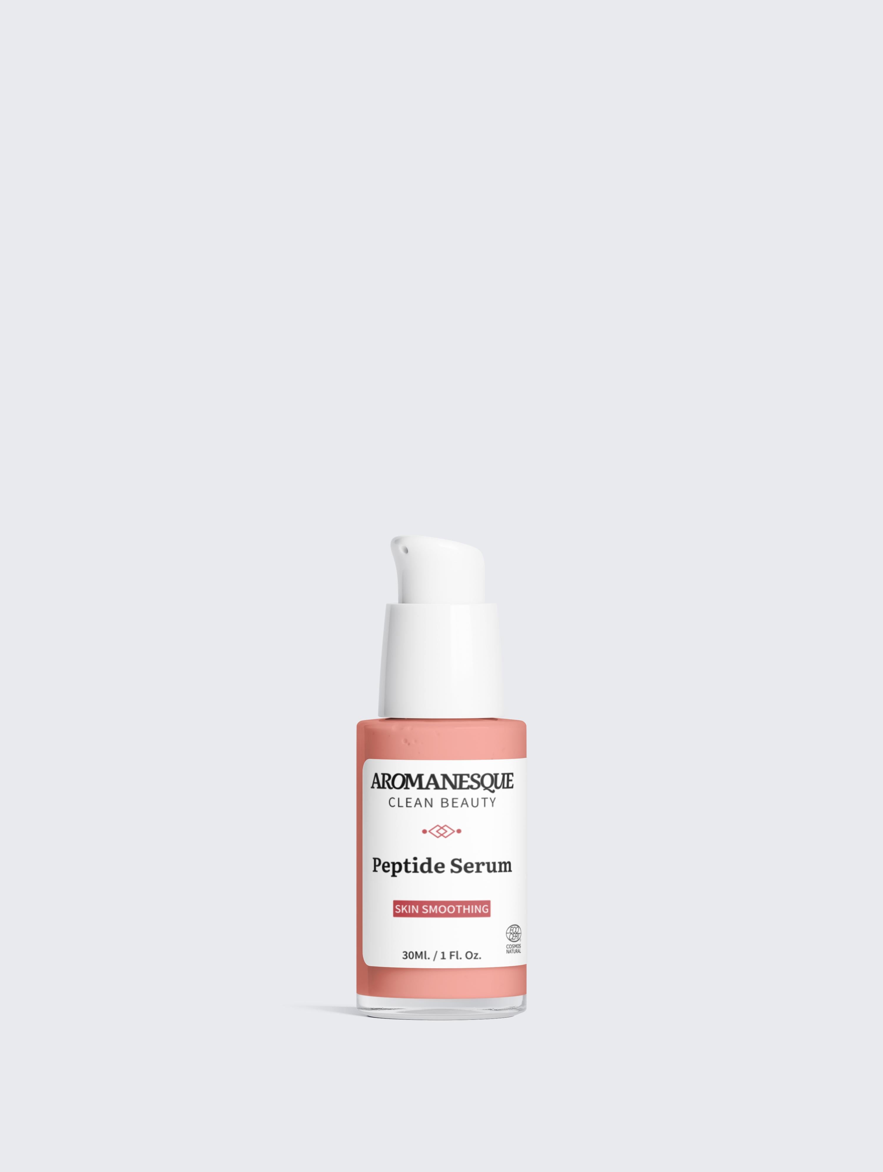 Aromanesque Peptide Serum bottle on a light gray background
