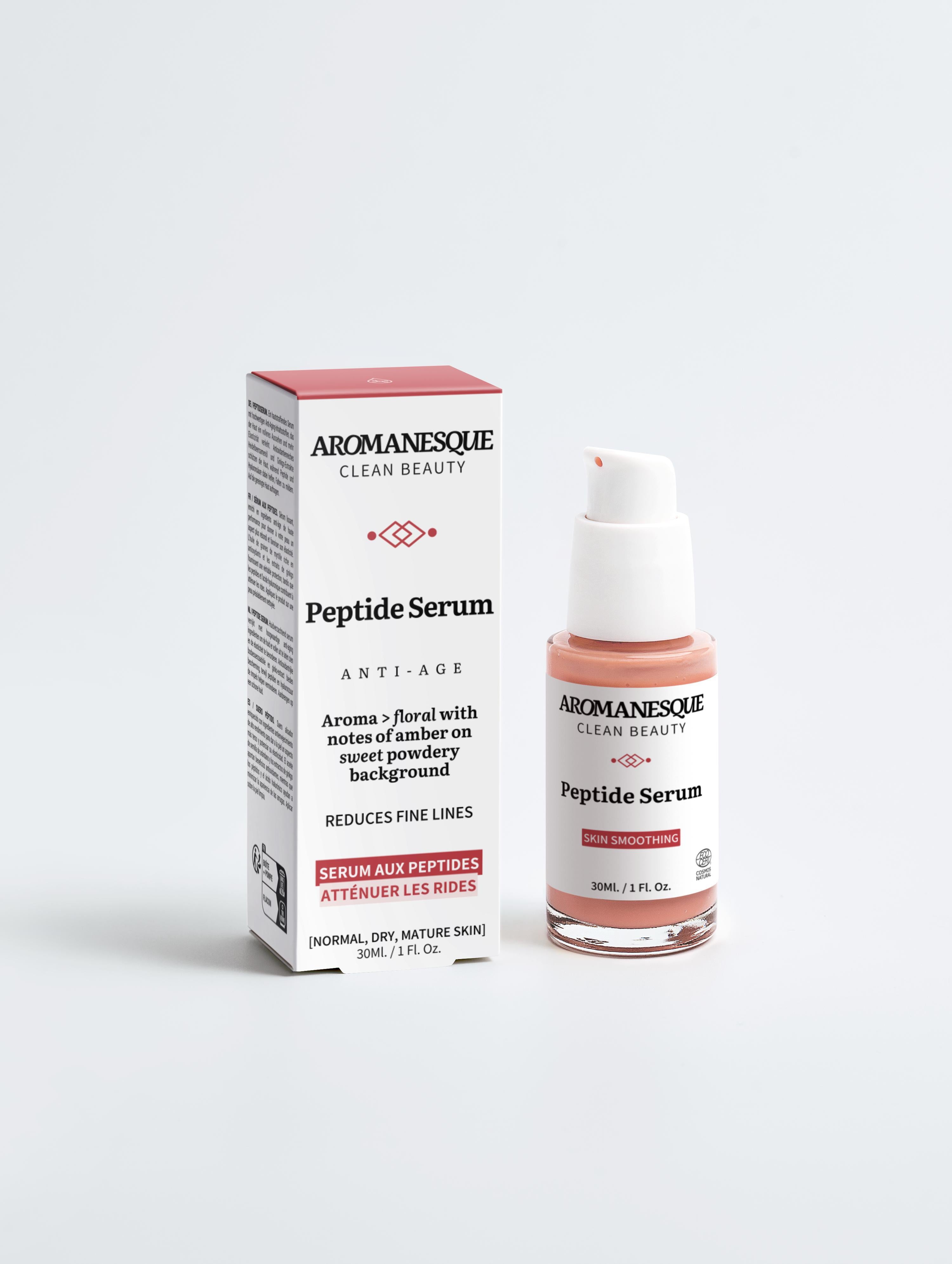 Aromanesque Peptide Serum bottle and packaging on a white background