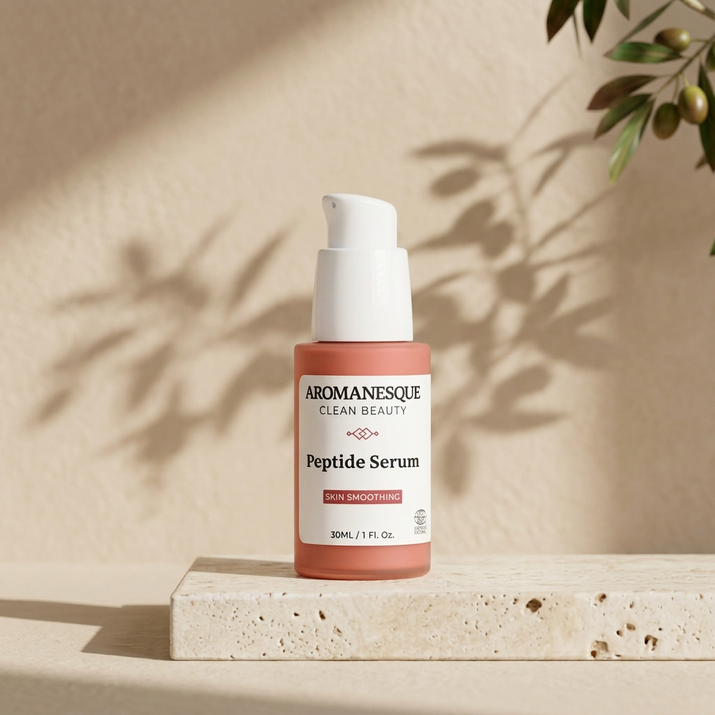 Aromanesque Peptide Serum on ivory travertine in soft natural light