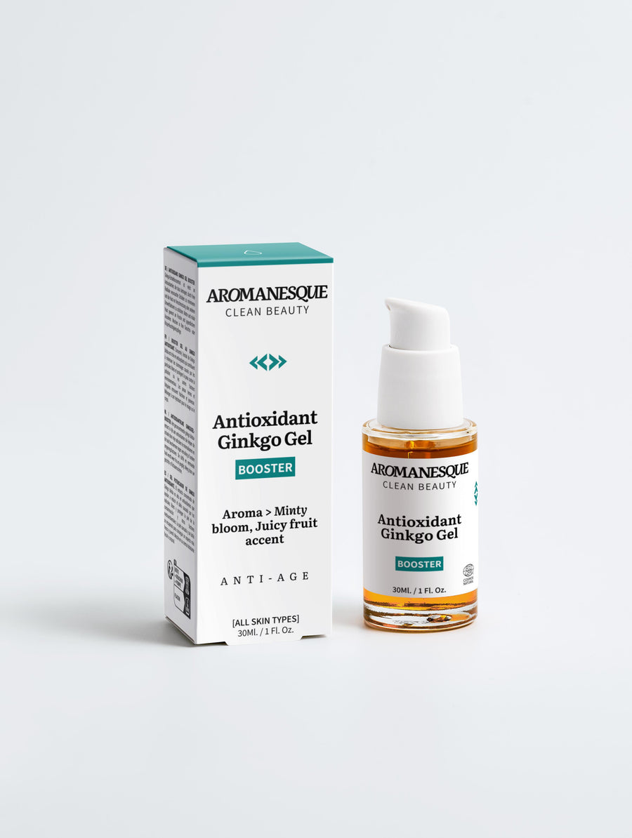A product image showing a box and bottle of Antioxidant Ginkgo Gel Booster with white and green packaging.