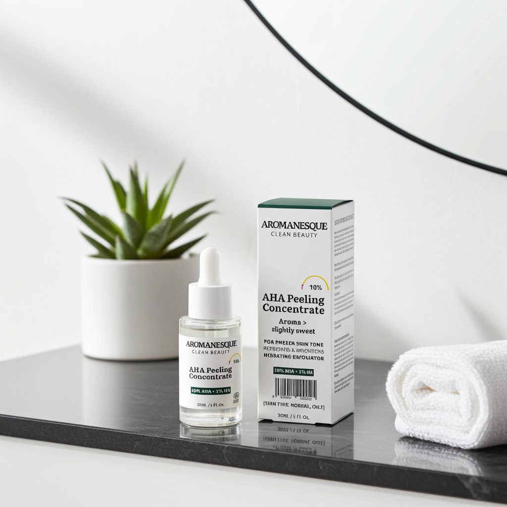 A clear skincare dropper bottle and its white-and-green box labeled AROMANESQUE CLEAN BEAUTY AHA Peeling Concentrate, styled on a dark marble surface with a small potted succulent and a rolled white towel in the background.